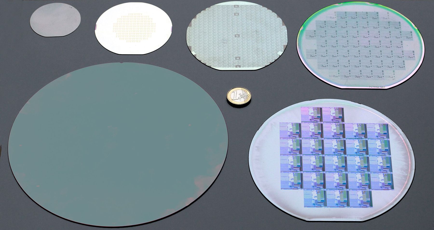 Wafers from 2 to 8 inches in diameter laid out next to a coin for scale